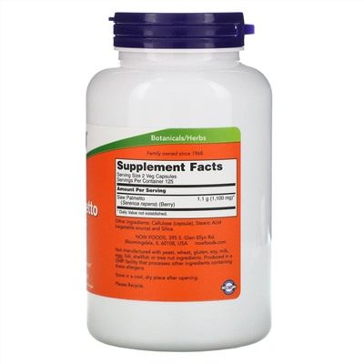 Now Foods, ягоды серенои, 550 мг, 250 растительных капсул
