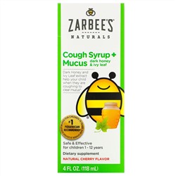 Zarbee's, Children's Cough Syrup + Mucus, Dark Honey & Ivy Leaf,  For Children 12 Months+, Natural Cherry Flavor, 4 fl oz (118 ml)