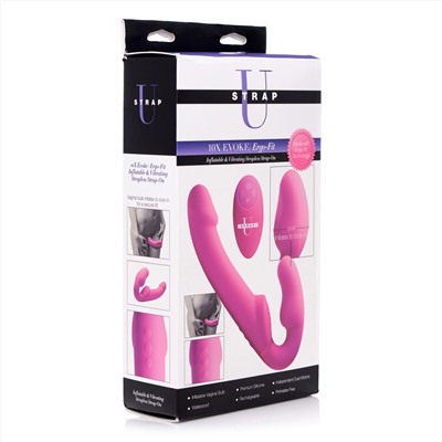 Розовый безремневой страпон с вибрацией и функцией расширения Inflatable Ergo-Fit Strapless Strap-On