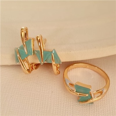 Комплект ювелирной бижутерии коллекция "Дубай" серьги и кольцо 20 р, покрытие позолота, вставка: фианиты, цвет: голубой матовый, арт.414.001-20