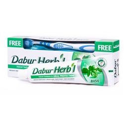 Dabur Herb'l Toothpaste Basil with Toothbrush/Дабур Зубная Паста Защита Полости Рта с Базиликом + Зубная Щётка Ср. Жесткости 150г.