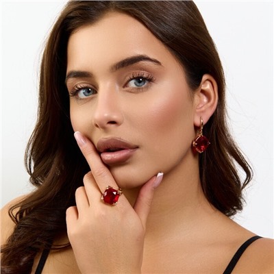 Комплект ювелирной бижутерии коллекция "Дубай" серьги и кольцо 19 р, покрытие позолота, вставка: стекло, цвет: рубиновый, арт.414.340-19