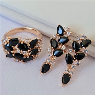 Комплект ювелирная бижутерия коллекция  "Дубай" серьги и кольцо 20 р, покрытие: позолота, вставка: фианиты, цвет: черный и прозрачный, арт.313.046-20