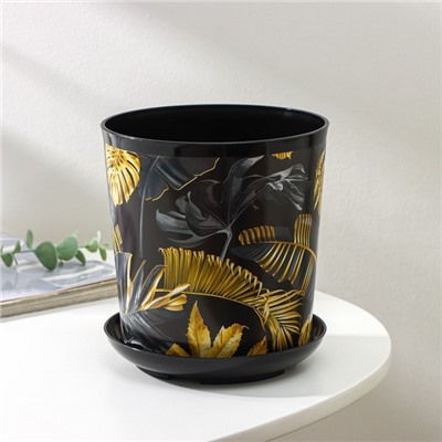 Горшок для цветов с поддоном Доляна «Голди.Тропики», 1.6 л, d=14 см, h=15.5 см, пластиковый, цвет чёрный