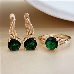 Комплект ювелирной бижутерии коллекция "Дубай" серьги и кольцо 17 р, покрытие позолота, вставка: стекло, цвет: изумрудный, арт.313.485-17