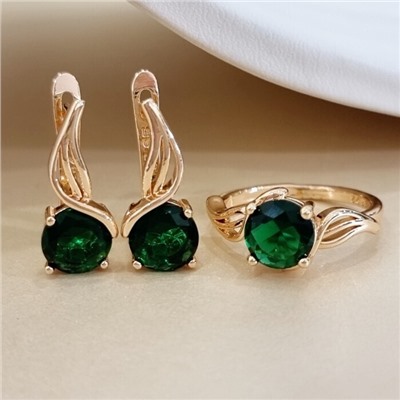 Комплект ювелирной бижутерии коллекция "Дубай" серьги и кольцо 18 р, покрытие позолота, вставка: стекло, цвет: изумрудный, арт.313.485-18
