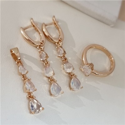 Комплект ювелирной бижутерии коллекция "Дубай" серьги, кулон и кольцо 20 р, покрытие позолота, вставка: фианиты, цвет: прозрачно-голубой, арт.414.312-20