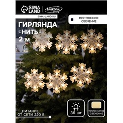 Гирлянда «Нить» 2 м с насадками «Снежинка матовая», IP20, прозрачная нить, 36 LED, свечение тёплое белое, 220 В