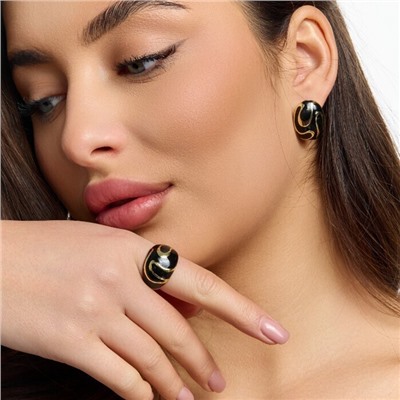 Комплект ювелирной бижутерии Итальянское золото (покрытие желтое 14к), серьги и кольцо 20 р, вставка: цветная эмаль, цвет: черный, арт.216.465-20