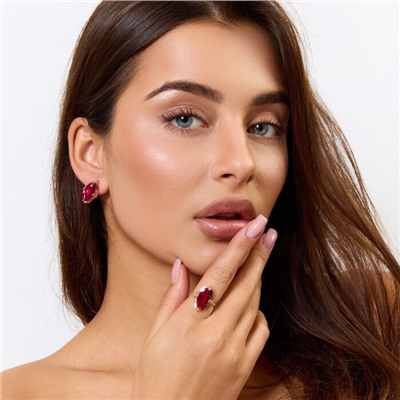 Комплект ювелирной бижутерии коллекция "Дубай" серьги и кольцо 18 р, покрытие позолота, вставка: стекло, цвет: рубиновый, арт.414.235-18
