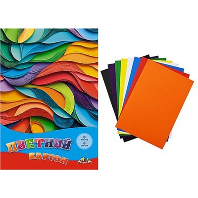 Набор цветного картона А4  8л 8цв "Яркие штрихи" в папке С0003-68 АппликА