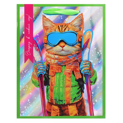 Бумажный пакет для сувенирной продукции с голографией, флюорисцентная печать, с шириной основания 18