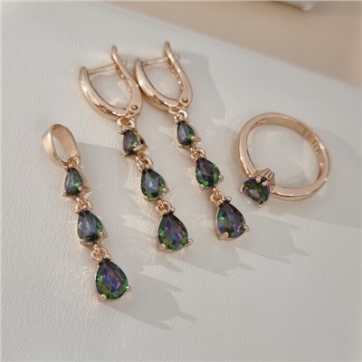 Комплект ювелирной бижутерии коллекция "Дубай" серьги, кулон и кольцо 18 р, покрытие позолота, вставка: фианиты, цвет: хамелеон, арт.414.304-18