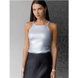 Топ с закрытым декольте из хлопка с эластаном в рубчик с матовым покрытием металлик