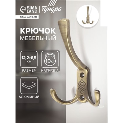 Крючок мебельный ТУНДРА TKT003 LIGHT, трехрожковый, бронза
