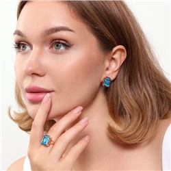 Комплект ювелирной бижутерии коллекция "Дубай" серьги и кольцо 17 р, покрытие позолота, вставка: фианиты, цвет: голубой и черный, арт.215.364-17