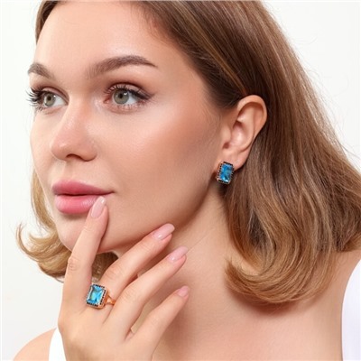 Комплект ювелирной бижутерии коллекция "Дубай" серьги и кольцо 17 р, покрытие позолота, вставка: фианиты, цвет: голубой и черный, арт.215.364-17