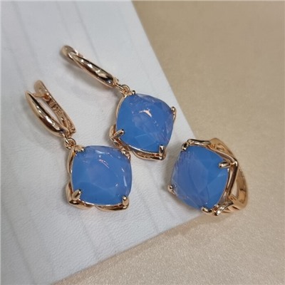 Комплект ювелирной бижутерии коллекция "Дубай" серьги и кольцо 18 р, покрытие позолота, вставка: стекло, цвет: голубой, арт.414.343-18