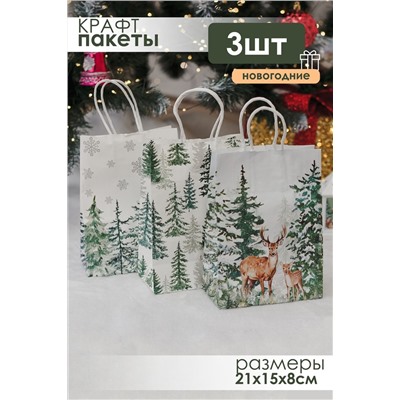 Набор крафт-пакетов подарочных новогодних 3 шт