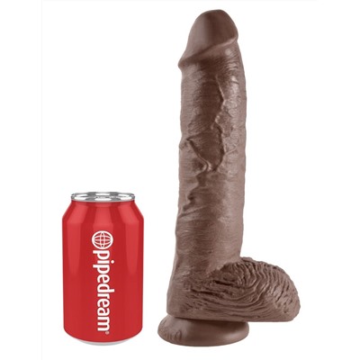 Большой коричневый фаллоимитатор с мошонкой 10  Cock with Balls на присоске - 25,4 см.