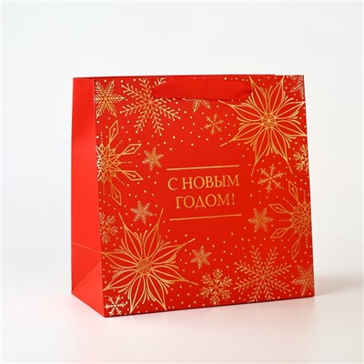 Пакет подарочный новогодний ламинированный квадратный «С Новым годом», тиснение 22×22×11 см