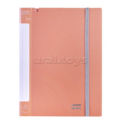 Папка с 020 вкладышами A4 "SigNature" A4 (235x315x15 мм) полипропилен 650 мкм, фактура "ткань" вкладыши 30 мкм, внутренний карман 160 мкм, широкая резинка, индивидуальная упаковка, пудрово розовая