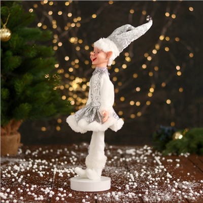 Новогодний шут «В узорном платье с мехом» 30 см, серебристо-белый