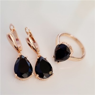 Комплект ювелирная бижутерия коллекция  "Дубай" серьги и кольцо 19 р, покрытие: позолота, вставка: фианит, цвет: черный, арт.313.085-19