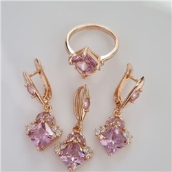 Комплект ювелирной бижутерии Дубайское золото, покрытие: позолота, серьги, кулон и кольцо 20 р, вставка: фианиты, цвет: розовый и прозрачный, арт.314.777-20