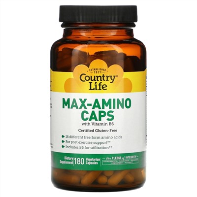 Country Life, Max-Amino Caps, с витамином B-6, 180 вегетарианских капсул