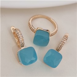 Комплект ювелирной бижутерии коллекция "Дубай" серьги и кольцо 20 р, покрытие позолота, вставка: фианиты, цвет: тиффани матовый и прозрачный, арт.314.879-20