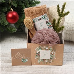 Набор новогодний подарочный «Этель. Новый год: Happy New year», 5 предметов, полотенце 30×60 см, мочалка, щётка - массажёр