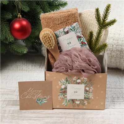 Набор новогодний подарочный «Этель. Новый год: Happy New year», 5 предметов, полотенце 30×60 см, мочалка, щётка - массажёр