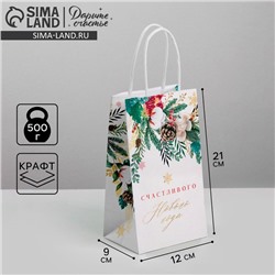 Пакет подарочный новогодний крафтовый «Счастье», 12×21×9 см