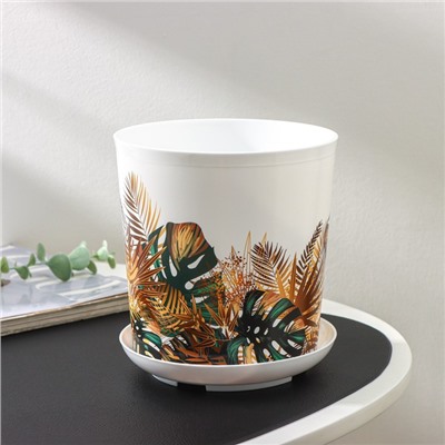 Горшок для цветов с поддоном Доляна «Голди. Листья», 1.6 л, d=14 см, h=15.5 см, пластиковый, цвет белый