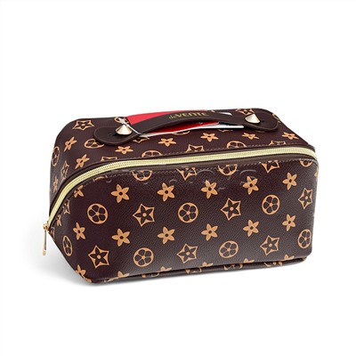 Пенал-косметичка "Monogram" 24x12x12 см, прямоугольный для 150 предметов, на молнии, внутренние карманы и отделения, со складной ручкой для переноски, искусственная кожа до -40C с антивандальной фактурой, с подкладом из эко кожи, коричневый
