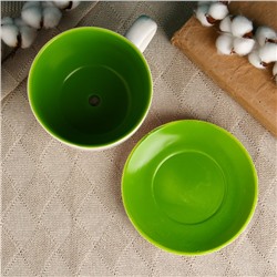 Горшок для цветов в форме чашки «Эмма: цветы» керамический, с поддоном, 1.3 л, 19×15×10 см, бело-зелёный с рисунком