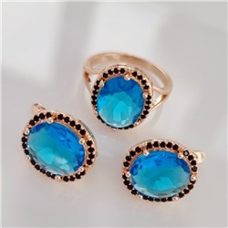 Комплект ювелирной бижутерии коллекция "Дубай" серьги и кольцо 20 р, покрытие позолота, вставка: фианиты, цвет: голубой и черный, арт.215.355-20