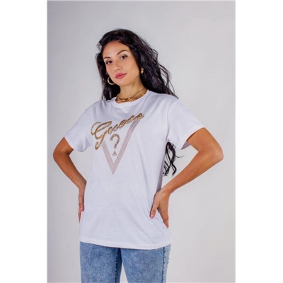 Футболка "Guess" с треугольником стразы, камешки, бусины (Белый)