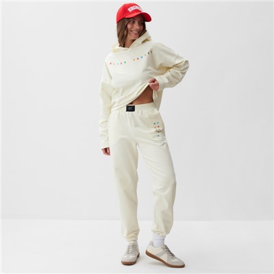 Костюм с вышивкой женский (толстовка, брюки) MIST No regrets, размер 48-50, молочный