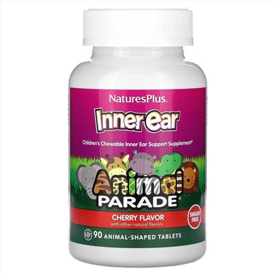 Nature's Plus, Source of Life, Animal Parade, детские жевательные таблетки для поддержания здоровья внутреннего уха, со вкусом натуральной вишни, 90 таблеток в форме животных