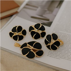 Комплект ювелирной бижутерии коллекция "Дубай" серьги, кулон и кольцо 19 р, покрытие позолота, вставка: эмаль, цвет: черный матовый, арт.313.345-19