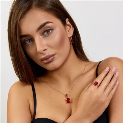 Комплект ювелирной бижутерии коллекция "Дубай" серьги, кулон и кольцо 20 р покрытие позолота, вставка: стекло, цвет: рубиновый, арт.215.584-20
