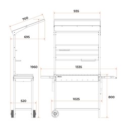Мангал «MAH 304», 133.5×69.4×196.1 см, с крышей, боковые полки, колеса