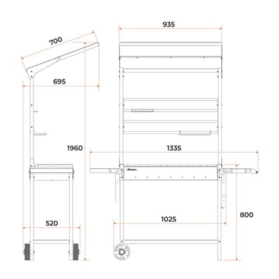 Мангал «MAH 304», 133.5×69.4×196.1 см, с крышей, боковые полки, колеса