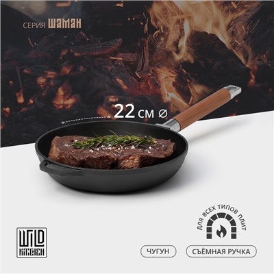 Сковорода Wild Kitchen, d=22 см, съёмная ручка, ндукция, чугун, чёрная