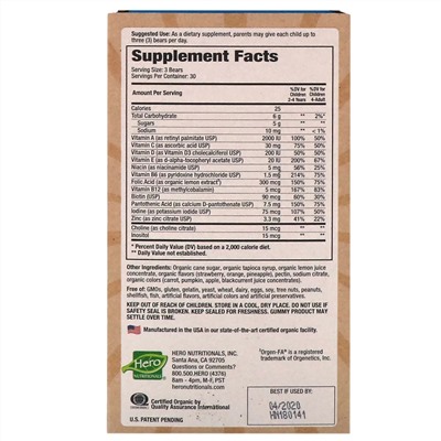 Hero Nutritional Products, Yummi Bears Organics, Complete Multi, Organic Strawberry, Orange and Pineapple Flavors, 90 Yummi Bears