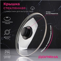 Крышка для сковороды и кастрюли Доляна, d=24 см, нержавеющий обод, пластиковая ручка, стекло, прозрачная