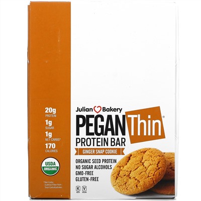 Julian Bakery, Pegan Thin, протеиновые батончики, имбирное печенье, 12 батончиков, по 64,7 г (2,28 унции) каждый