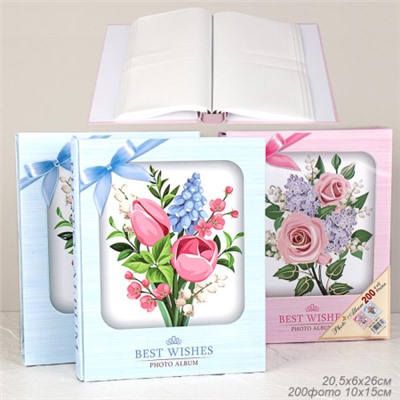 Фотоальбом 200 фото 10х15 Цветы / 9615 /уп 36/ (Голубой)